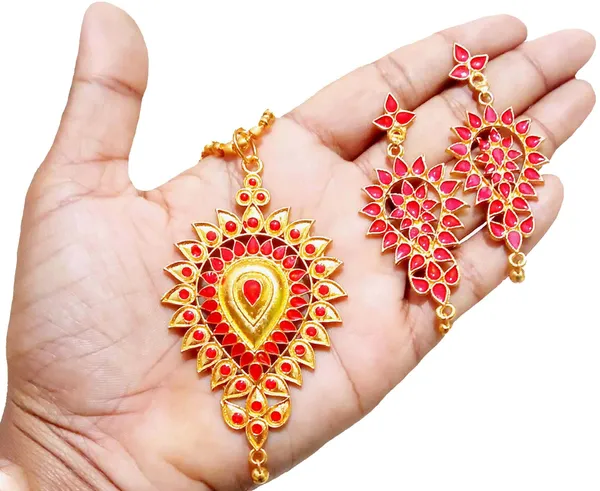 Assamese_Traditional_Gold_Plated_Red_Colour_Dugdugi_Chain_Jewellery_Set_For_Women_&_Girls